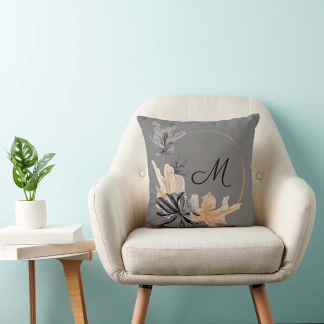 Schwarz-Grau-Blume-Monogram-Pillow Kissen (Stuhl )