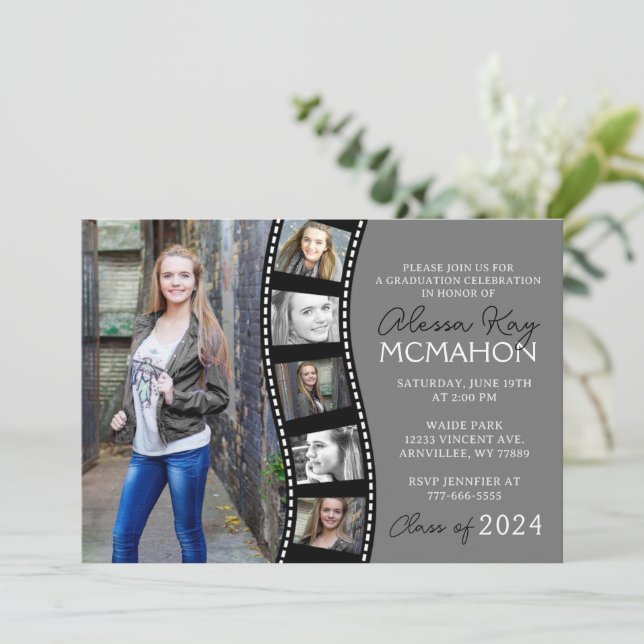 Schwarz & Grau Einmalige Filmstrip 6 Foto Abschlus Einladung (Stehend Vorderseite)