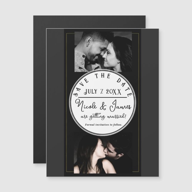 Schwarz-Grau-Gold Moderner Minimal Save the Date Magnetkarte (Vorne/Hinten)