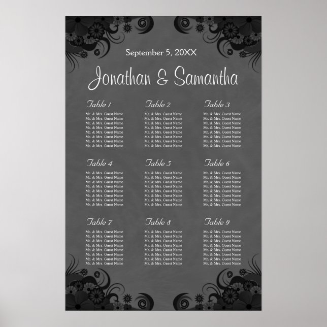 Schwarz/Grau Goth Wedding 9 Tables Sitzkarte Poster (Vorne)
