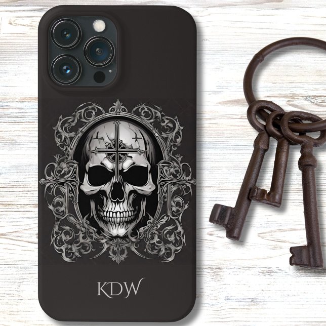 Schwarz/Grau-Gothic-Skull-Monogramm Case-Mate iPhone Hülle (Von Creator hochgeladen)