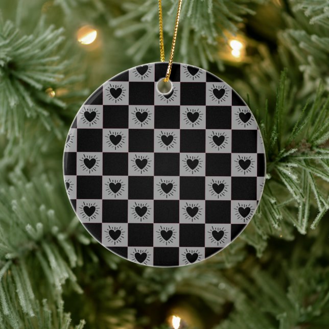 Schwarz&Grau karierte Fliese mit Herzen-Muster Keramik Ornament (Baum)
