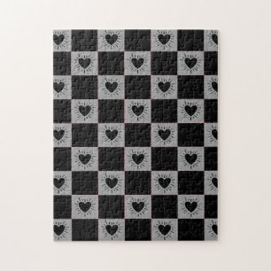 Schwarz&Grau karierte Fliese mit Herzen-Muster Puzzle