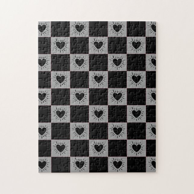 Schwarz&Grau karierte Fliese mit Herzen-Muster Puzzle (Vertikal)