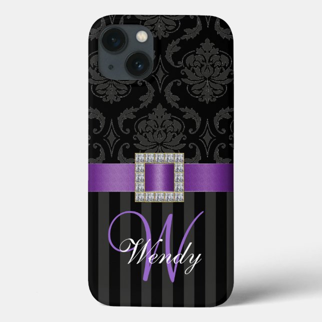 Schwarz-Grau-Lila-Damaskus-Streifenmuster Case-Mate iPhone Hülle (Rückseite)