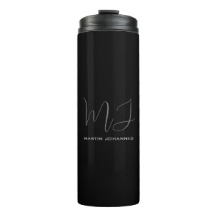 Schwarz-Grau-Mit Monogramm Name Moderner Minimalis Thermosbecher