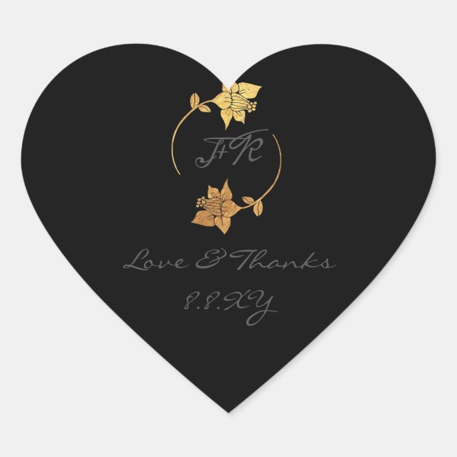 Schwarz-Grau-Monogramm-Gold-Floral Save the Date Herz-Aufkleber (Vorderseite)