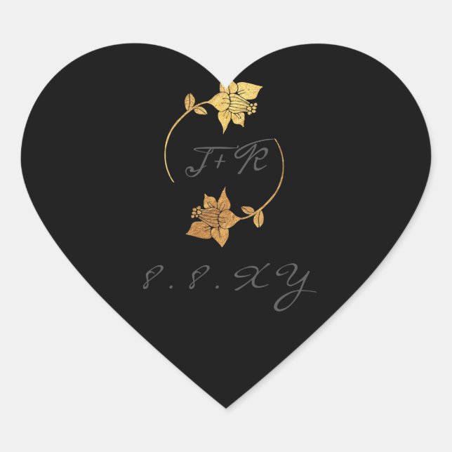 Schwarz-Grau-Monogramm-Goldkleider Save the Date Herz-Aufkleber (Vorderseite)