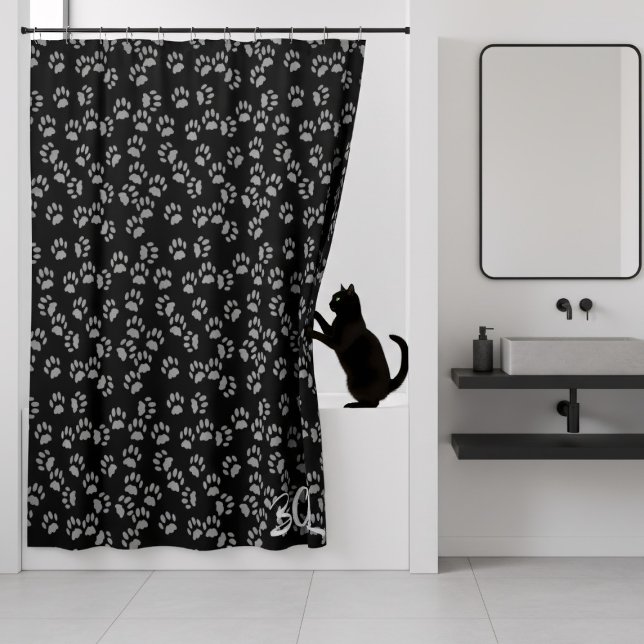 Schwarz-Grau-Paw-Druckmuster Duschvorhang (My cat doesn't like water. Does yours? If they do, this paw print shower curtain is just for you)