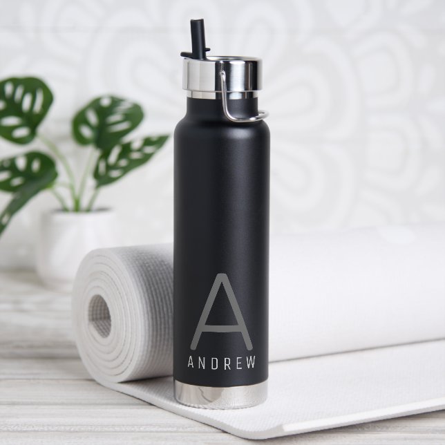 Schwarz-Grau Personalisiert Modernes Monogramm Trinkflasche (Yoga)