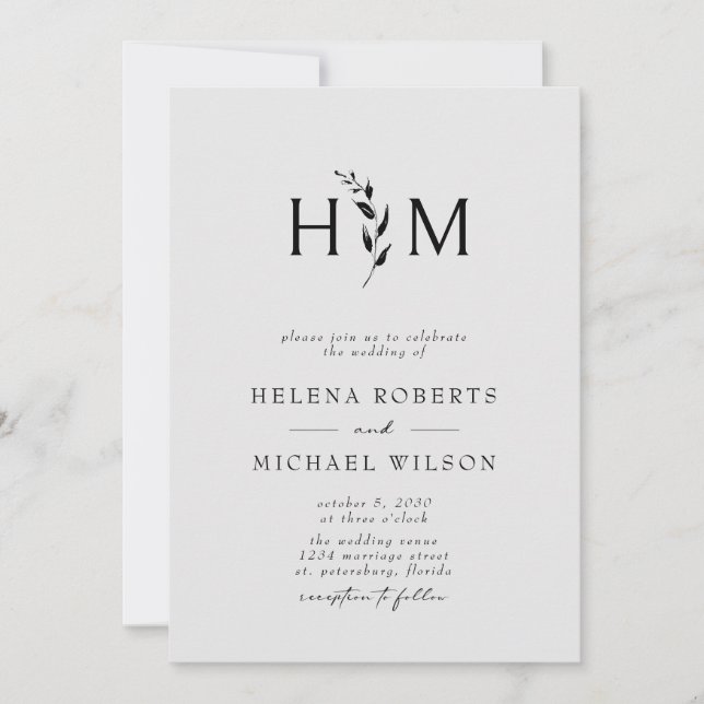 Schwarz-Grau-QR-Code UAWG Botanische Monogramm-Hoc Einladung (Vorderseite)