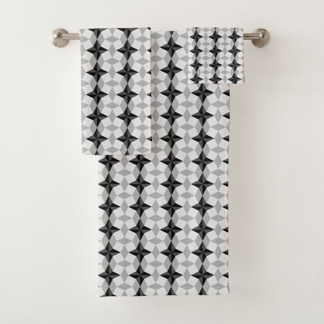 Schwarz-Grau-Starbust-Muster und Rhombus-Muster Badhandtuch Set (Insitu)