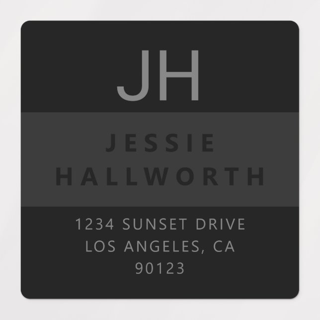 Schwarz & Grau Stilvoll Moderne Monogram wasserdic Etiketten (Design 3)