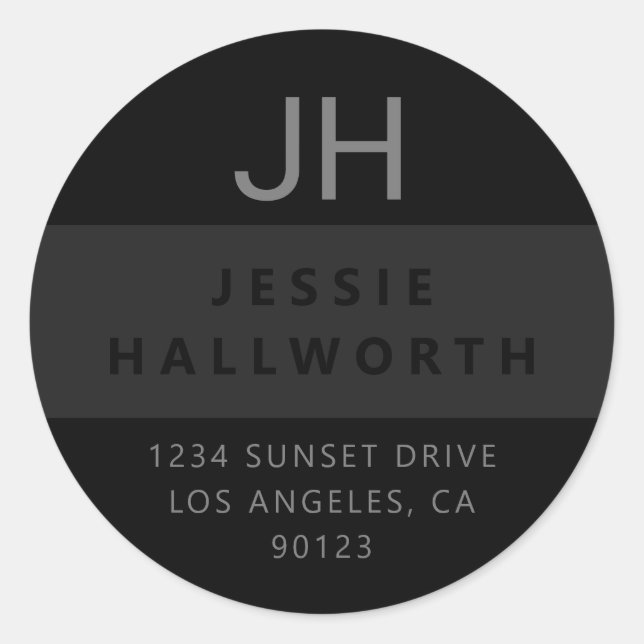 Schwarz & Grau Stilvoll Modernes Monogramm Runder Aufkleber (Vorderseite)