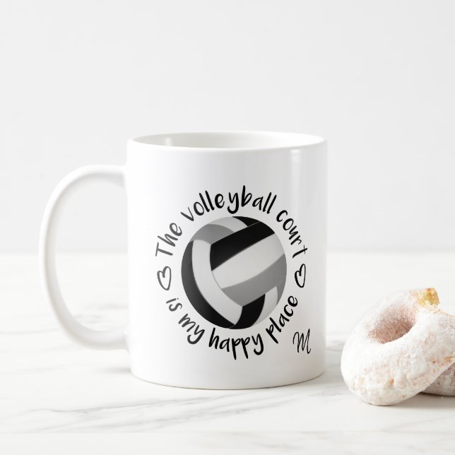 Schwarz-Grau-Team Farben Volleyball Happy Place Kaffeetasse (Mit Donut)