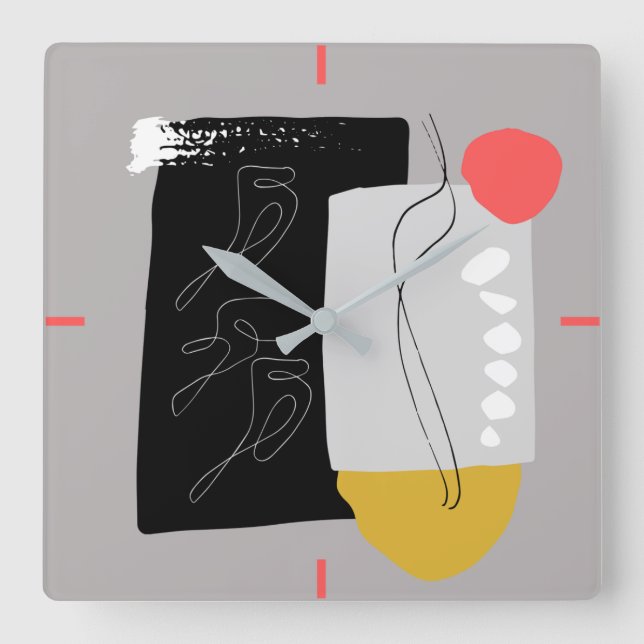 Schwarz, Grau und abstrakte Farbformen Quadratische Wanduhr (Vorderseite)