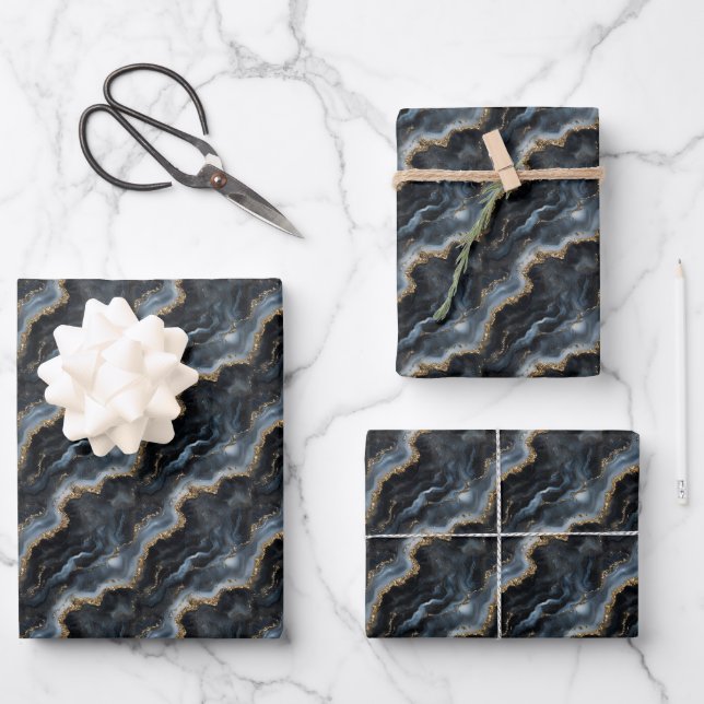 Schwarz-, Grau- und Goldmarmor Geschenkpapier Set (Vorderseite)