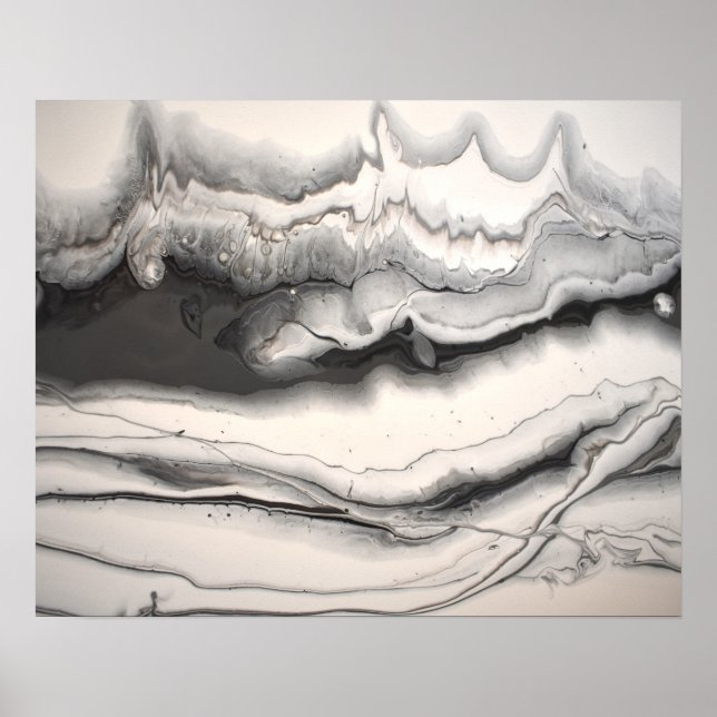 Schwarz-Grau-Weiß-Abstrakte Fluid Art Poster (Vorne)