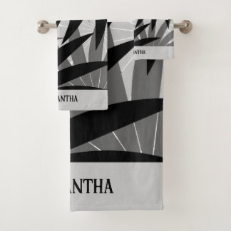 Schwarz-Grau-Weiß-Muster für geometrische Blätter Badhandtuch Set