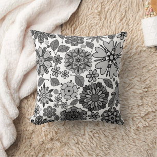 Schwarz Grau Weiß Retro-Blumenkunst Nahtloses Must Kissen
