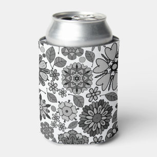 Schwarz Grau Weiß Retro Floral Kunst Nahtloses Mus Dosenkühler