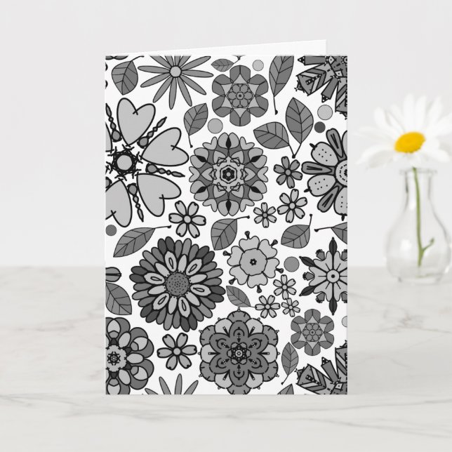 Schwarz Grau Weiß Retro Floral Kunst Nahtloses Mus Karte (Kleine Pflanze)