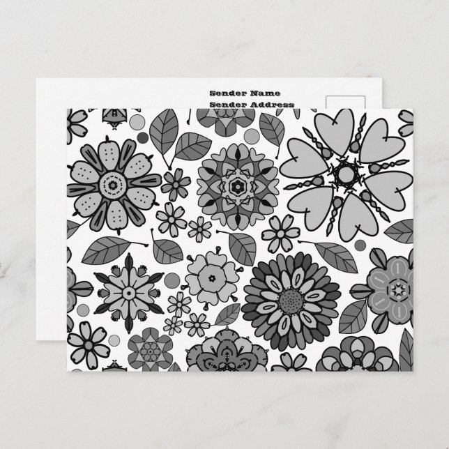 Schwarz Grau Weiß Retro Floral Kunst Nahtloses Mus Postkarte (Vorne/Hinten)
