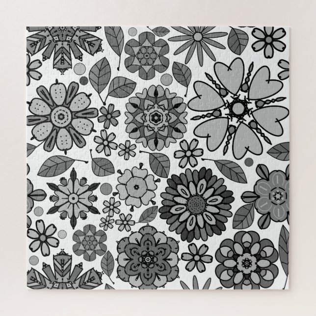 Schwarz Grau Weiß Retro Floral Kunst Nahtloses Mus Puzzle (Vertikal)