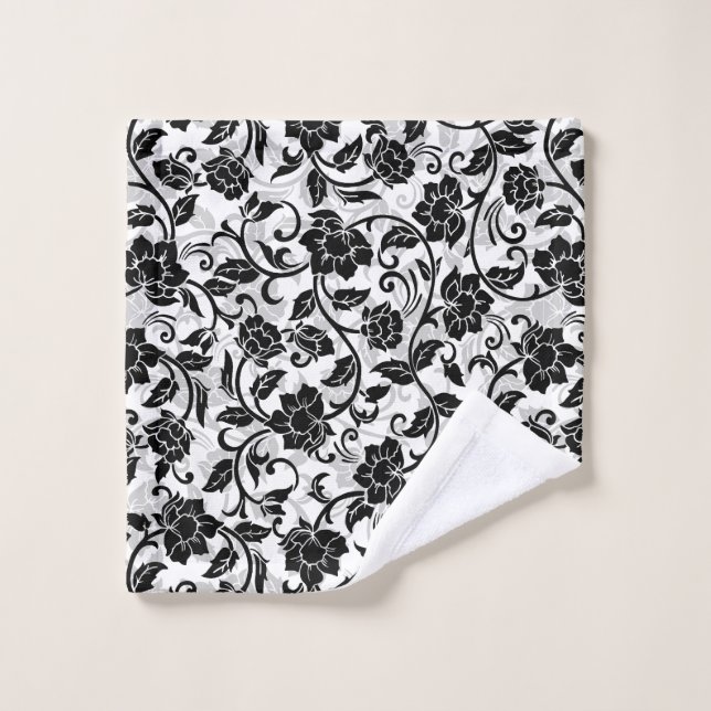 Schwarz-Grau-wirbelnde Blume Badhandtuch Set (Waschlappen)