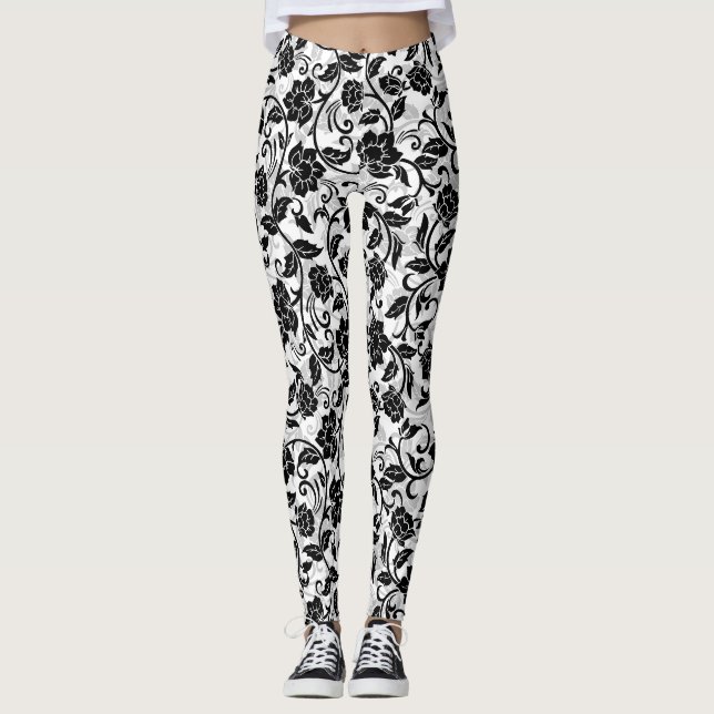 Schwarz-Grau-wirbelnde Blume Leggings (Vorderseite)