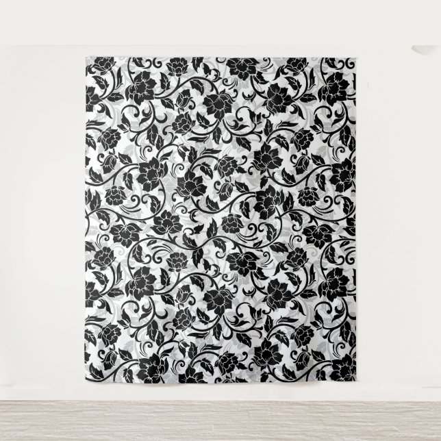 Schwarz-Grau-wirbelnde Blume Wandteppich (Vorderseite)