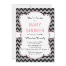 Schwarz/Grau Zickzack, Pink Baby Dusche Einladung