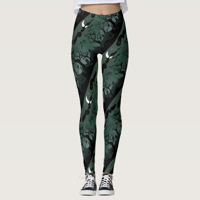 Schwarz-Graue Halloween-Friedhofslandschaft Leggings (Vorderseite)