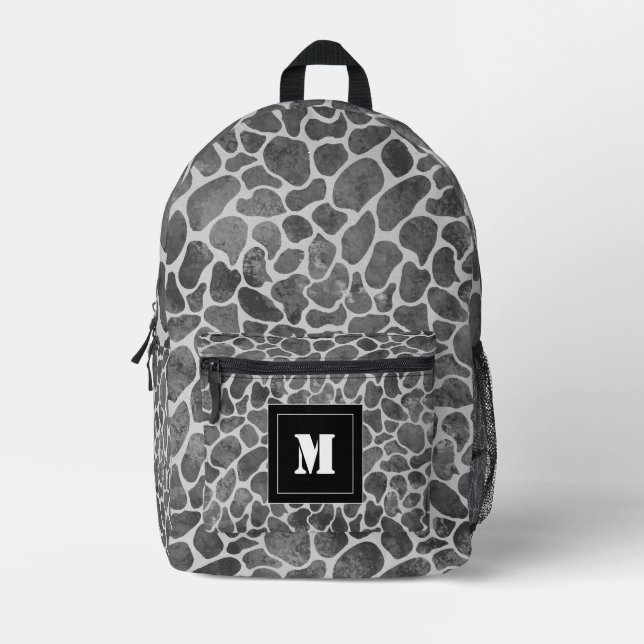 Schwarz-Graue Leopard-Druckmuster Monogramm Bedruckter Rucksack (Vorderseite)