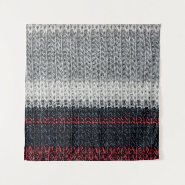 Schwarz-Graue Strickwolle mit rot-weißem Stift Wandteppich (Vorderseite)