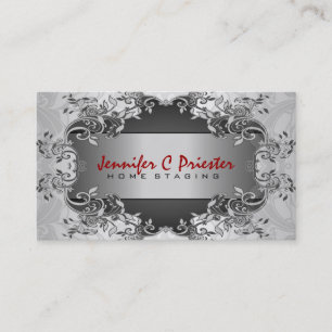 Schwarz-graue Vintage-Blumenmuster in Silber Visitenkarte