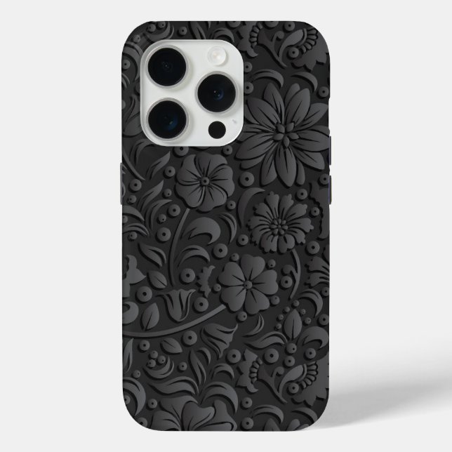 Schwarz-Graues Blumenmuster mit Prägung Case-Mate iPhone Hülle (Rückseite)