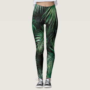 Schwarz-Grün-Aquarellpalm-Blätter Leggings
