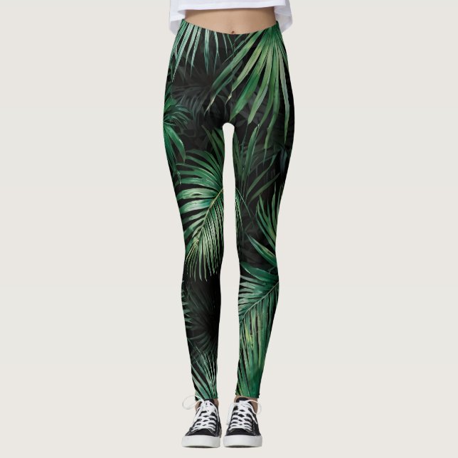 Schwarz-Grün-Aquarellpalm-Blätter Leggings (Vorderseite)