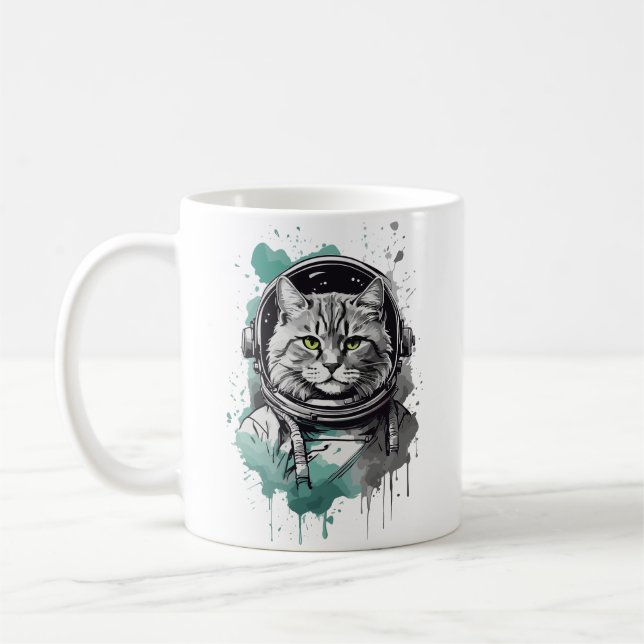 Schwarz-Grün-Astronaut-Katzendesign Kaffeetasse (Links)