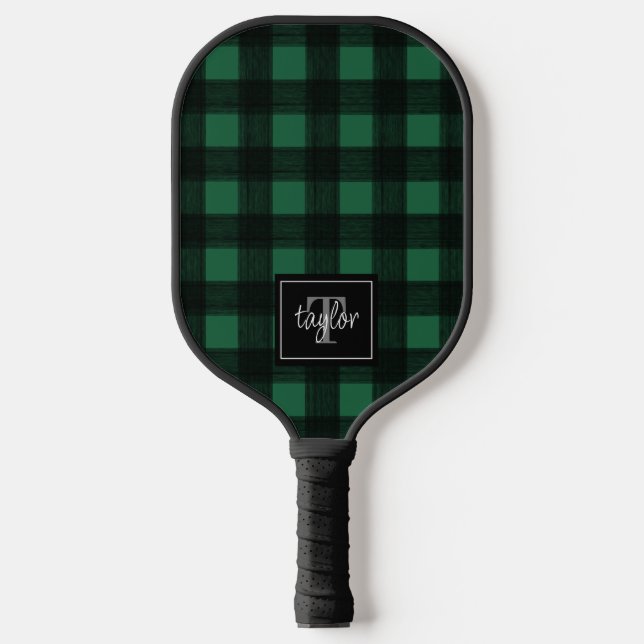 Schwarz-Grün-Buffalo-Monogramm Karierter Karo Pickleball Schläger (Vorderseite)