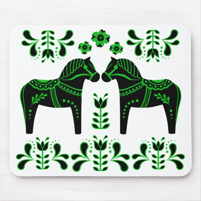 Schwarz/grün Folk Dala Pferd/Folk Friesian Mousepad (Vorne)