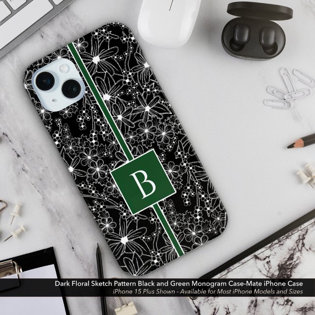Schwarz-Grün-Sketch-Monogramm Case-Mate iPhone Hülle (Dark Floral Sketch Look Pattern. Black Flowers with Green Monogram Case-Mate iPhone Case)