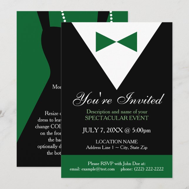 Schwarz-Grün-Tuxedo Moderne Party Einladungen (Vorne/Hinten)