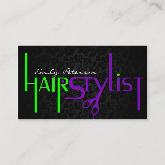 Schwarz-Grün- und Lila-Haarstyllik-Text Visitenkarte (Vorderseite)