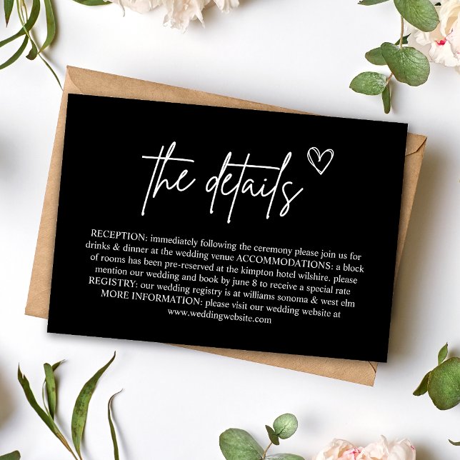 Schwarz handgeschriebene Script-Hochzeitkarte Einladung (Black handwritten script enclosure card shares wedding details with bold, elegant charm.)