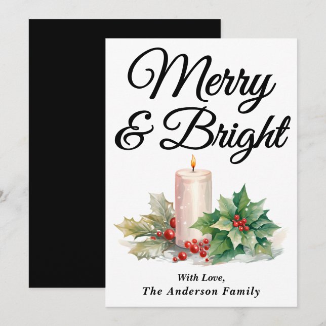 Schwarz handgeschriebenes Skript Merry & Bright Feiertagskarte (Vorne/Hinten)