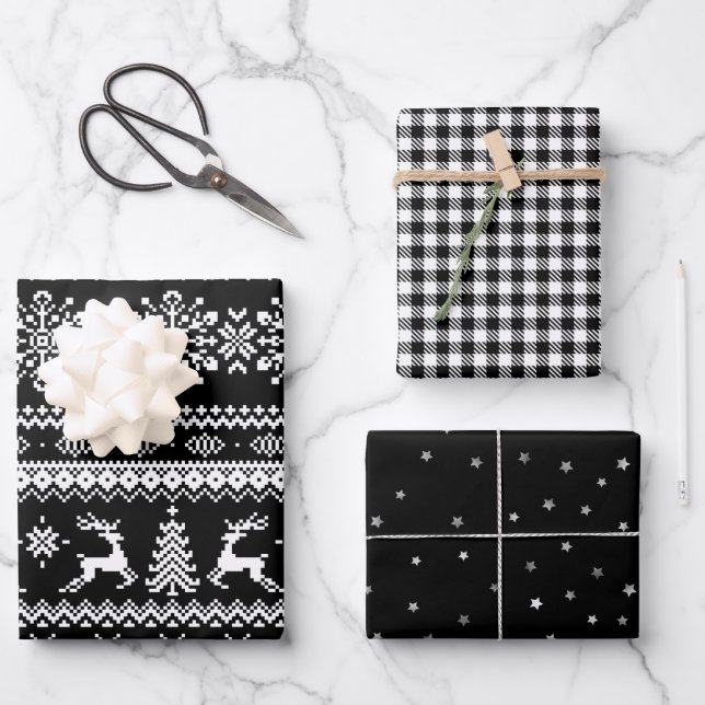 Schwarz hässlicher Weihnachtspulli Büffel kariert  Geschenkpapier Set (Vorderseite)