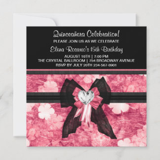 Schwarz Heiß rosa Blume Quinceanera Einladungen
