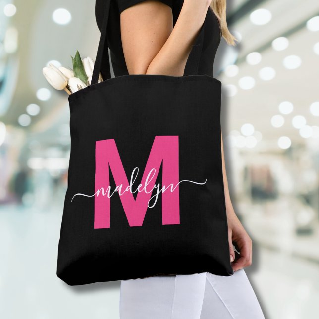 Schwarz Heiß rosa Modern Script Name Monogram (Black Hot Pink Modern Script Name Monogram Tote Bag)